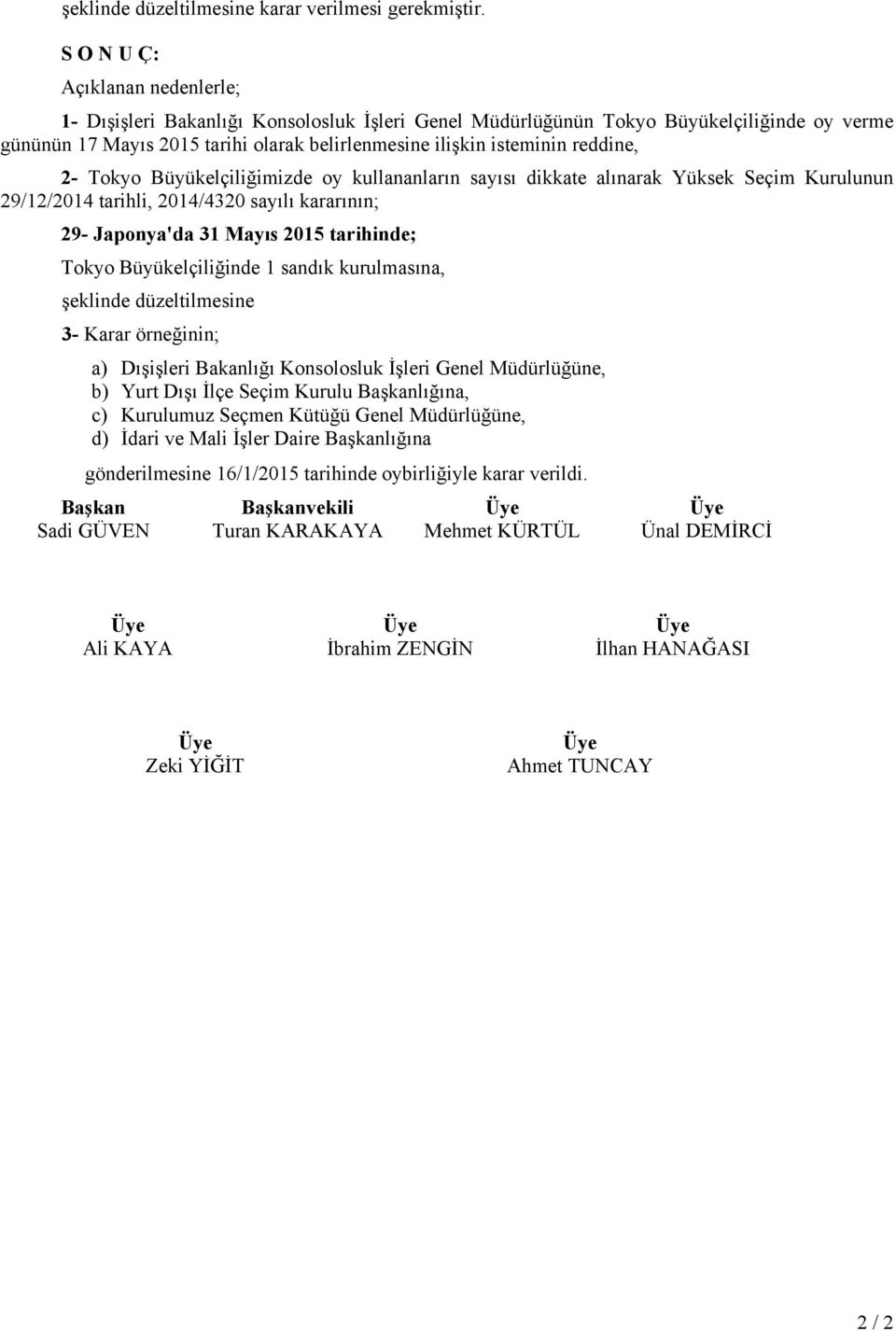 reddine, 2- Tokyo Büyükelçiliğimizde oy kullananların sayısı dikkate alınarak Yüksek Seçim Kurulunun 29/12/2014 tarihli, 2014/4320 sayılı kararının; 29- Japonya'da 31 Mayıs 2015 tarihinde; Tokyo