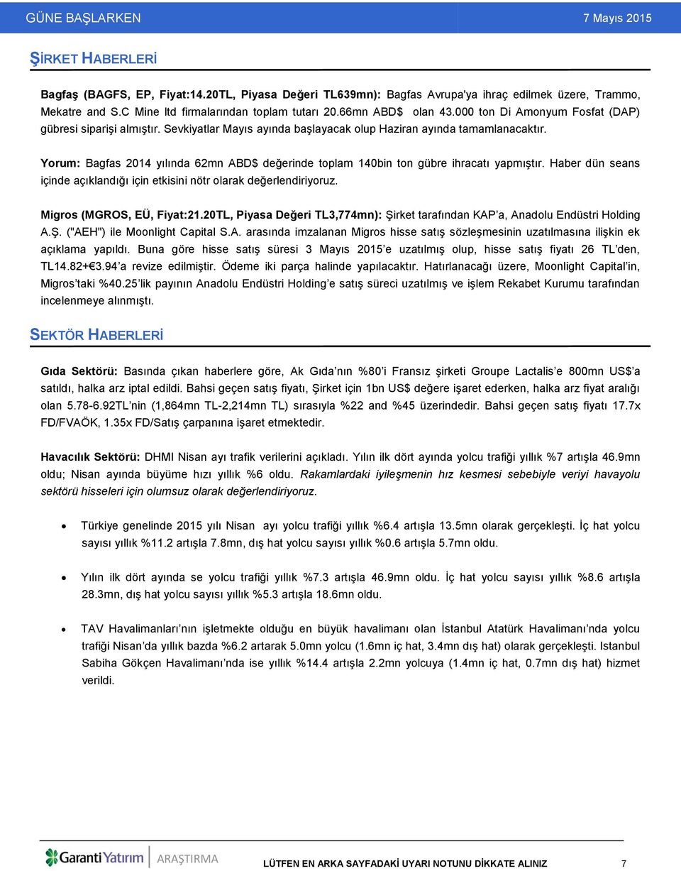Yorum: Bagfas 2014 yılında 62mn ABD$ değerinde toplam 140bin ton gübre ihracatı yapmıştır. Haber dün seans içinde açıklandığı için etkisini nötr olarak değerlendiriyoruz. Migros (MGROS, EÜ, Fiyat:21.