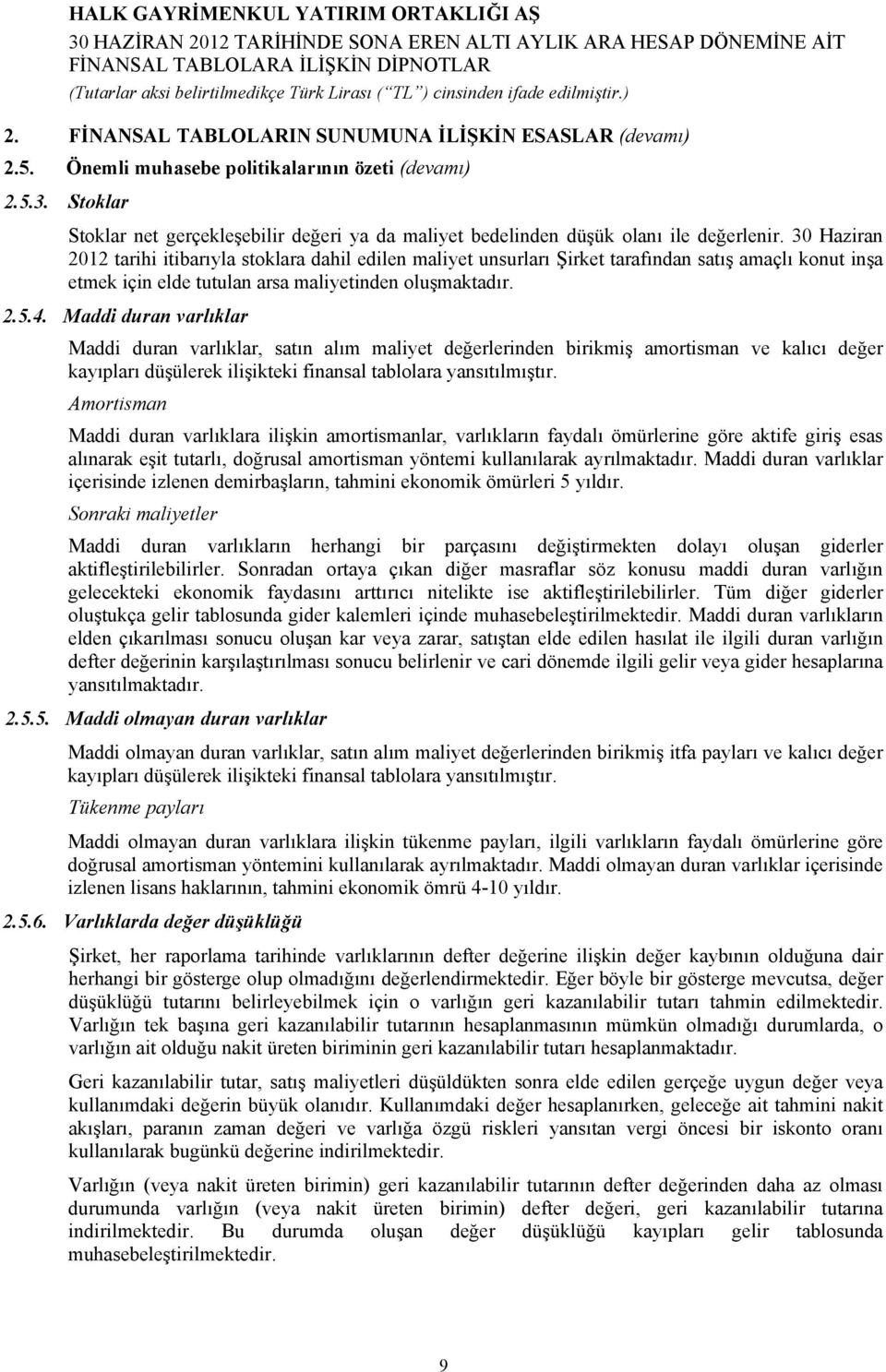 2012 tarihi itibarıyla stoklara dahil edilen maliyet unsurları Şirket tarafından satış amaçlı konut inşa etmek için elde tutulan arsa maliyetinden oluşmaktadır. 2.5.4.