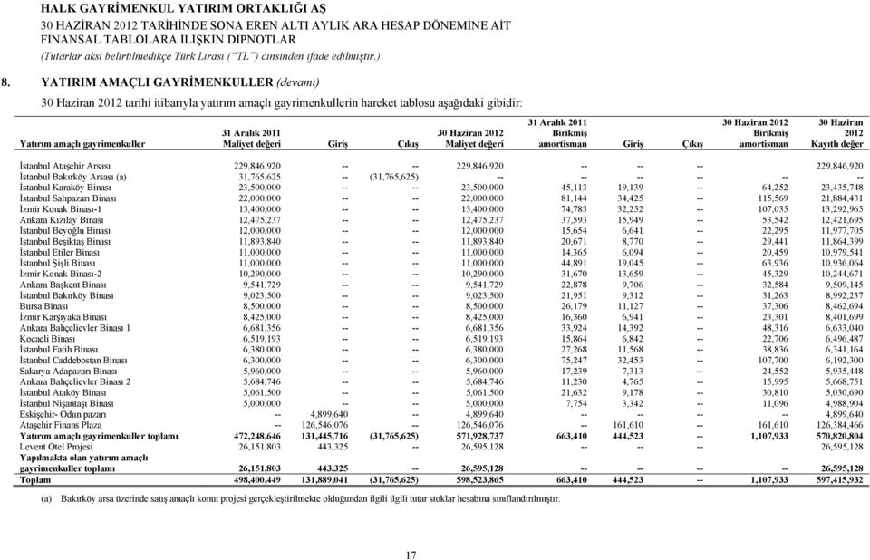 İstanbul Bakırköy Arsası (a) 31,765,625 -- (31,765,625) -- -- -- -- -- -- İstanbul Karaköy Binası 23,500,000 -- -- 23,500,000 45,113 19,139 -- 64,252 23,435,748 İstanbul Salıpazarı Binası 22,000,000