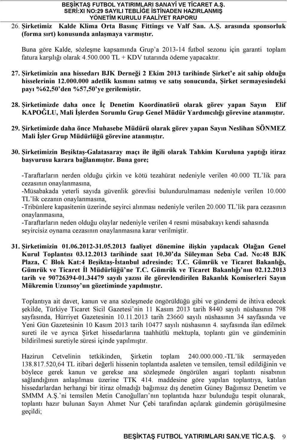 Şirketimizin ana hissedarı BJK Derneği 2 Ekim 2013 tarihinde Şirket e ait sahip olduğu hisselerinin 12.000.