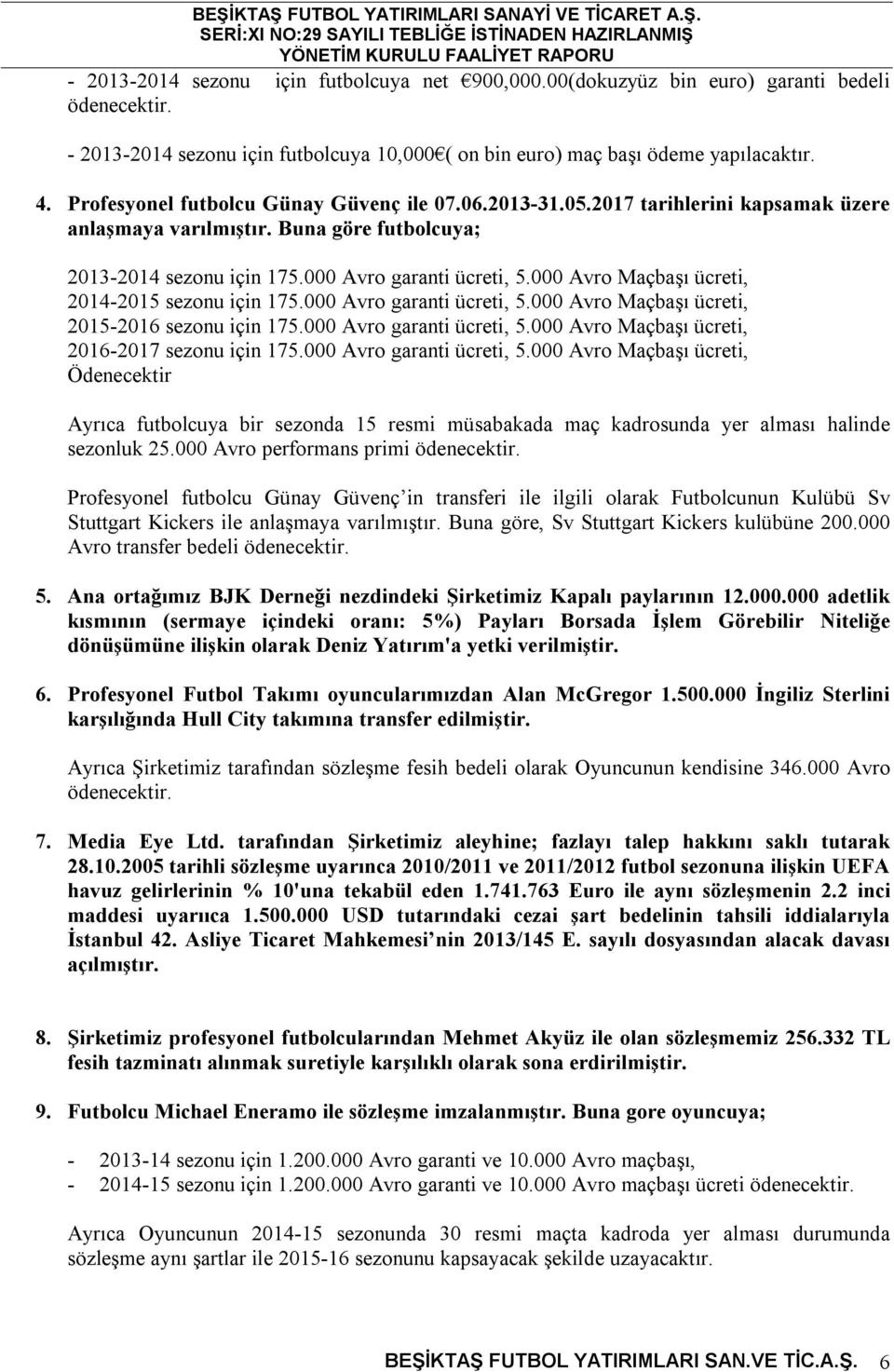 000 Avro Maçbaşı ücreti, 2014-2015 sezonu için 175.000 Avro garanti ücreti, 5.000 Avro Maçbaşı ücreti, 2015-2016 sezonu için 175.000 Avro garanti ücreti, 5.000 Avro Maçbaşı ücreti, 2016-2017 sezonu için 175.