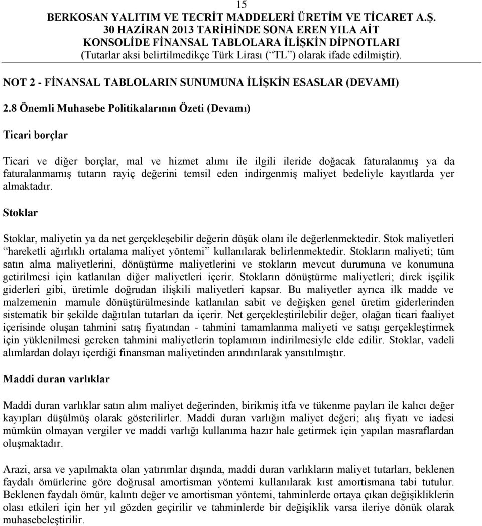 eden indirgenmiş maliyet bedeliyle kayıtlarda yer almaktadır. Stoklar Stoklar, maliyetin ya da net gerçekleşebilir değerin düşük olanı ile değerlenmektedir.