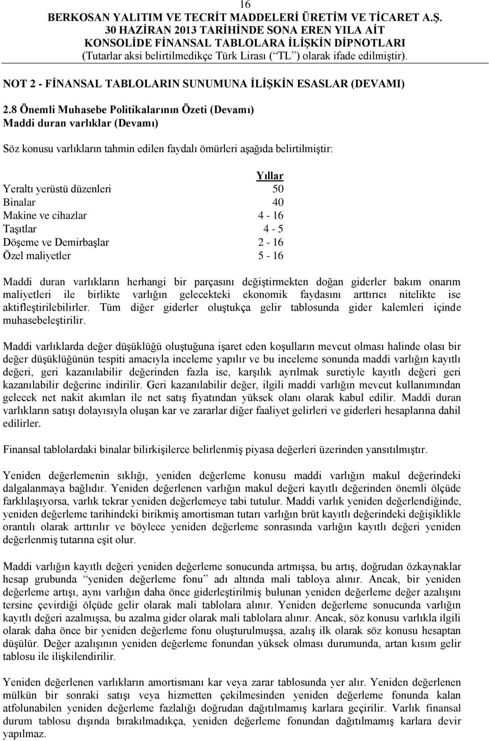 Binalar 40 Makine ve cihazlar 4-16 Taşıtlar 4-5 Döşeme ve Demirbaşlar 2-16 Özel maliyetler 5-16 Maddi duran varlıkların herhangi bir parçasını değiştirmekten doğan giderler bakım onarım maliyetleri