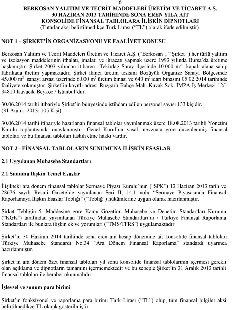 000 m 2 sanayi arsası üzerinde 6.000 m 2 üretim binası ve 640 m 2 idari binasını 05.02.2014 tarihinde faaliyete sokmuştur. Şirket in kayıtlı adresi Rüzgarlı Bahçe Mah. Kavak Sok.