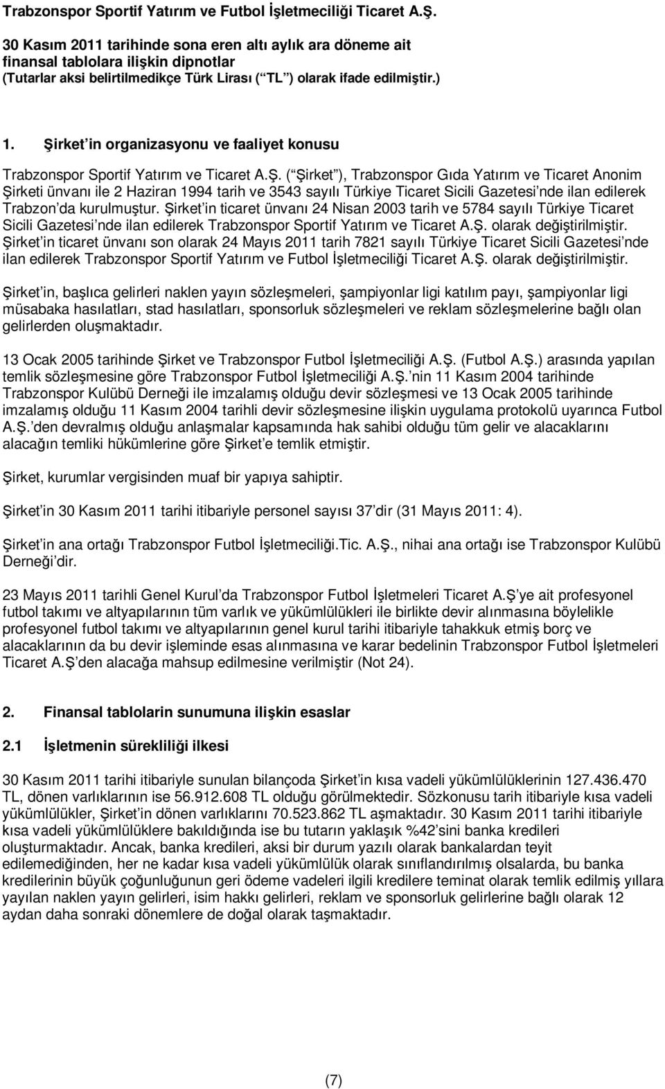 irket in ticaret ünvan 24 Nisan 2003 tarih ve 5784 say Türkiye Ticaret Sicili Gazetesi nde ilan edilerek Trabzonspor Sportif Yat m ve Ticaret A.. olarak de tirilmi tir.