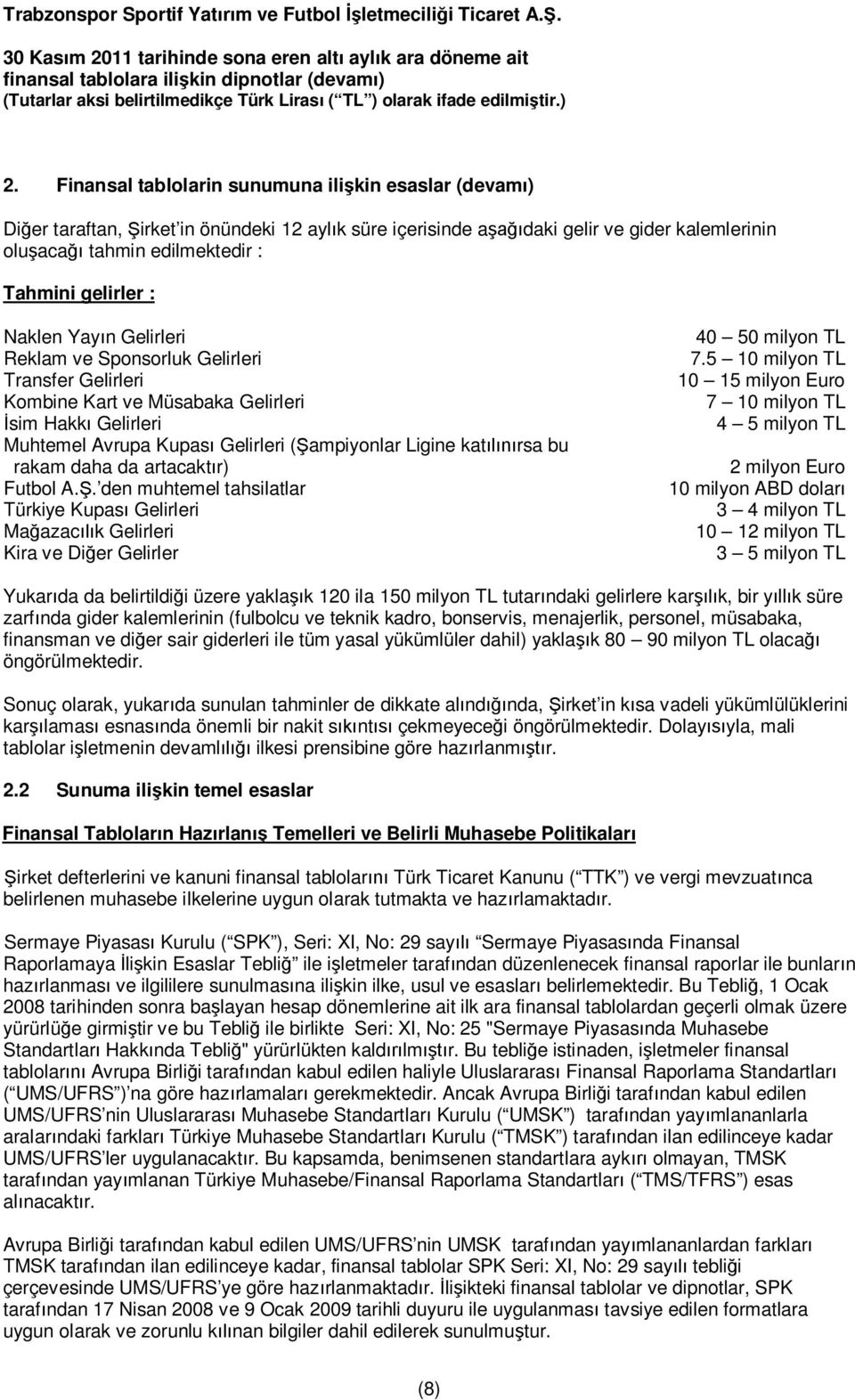 daha da artacakt r) Futbol A.. den muhtemel tahsilatlar Türkiye Kupas Gelirleri Ma azac k Gelirleri Kira ve Di er Gelirler 40 50 milyon TL 7.