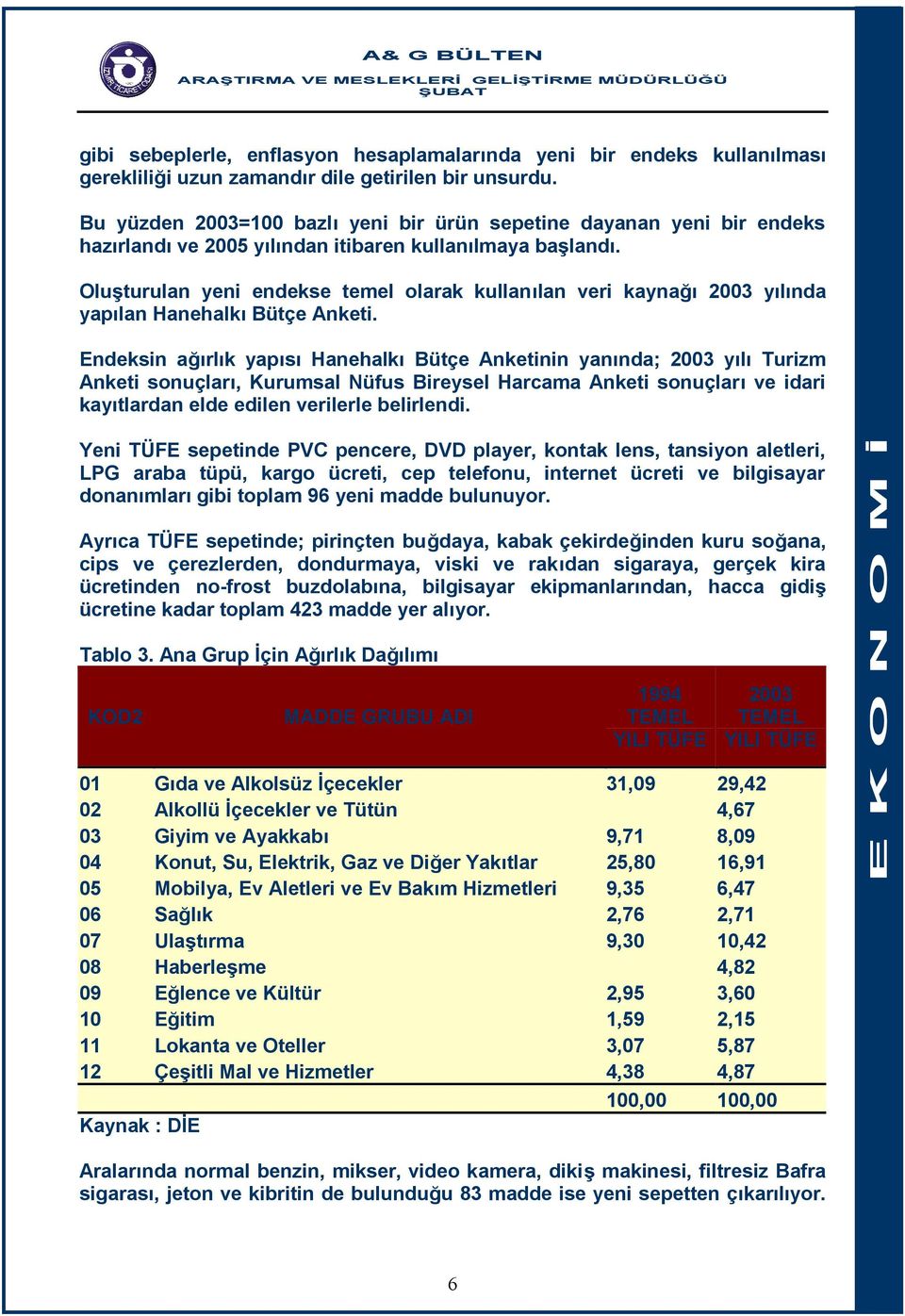 Oluşturulan yeni endekse temel olarak kullanılan veri kaynağı 2003 yılında yapılan Hanehalkı Bütçe Anketi.