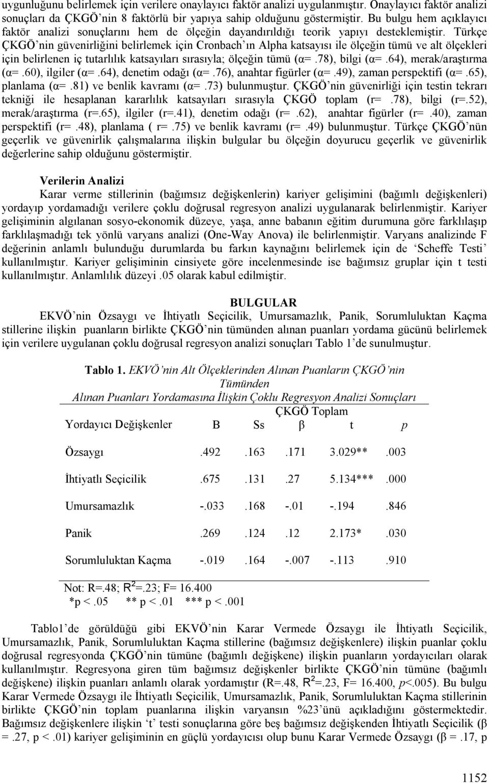 Türkçe ÇKGÖ nin güvenirliğini belirlemek için Cronbach ın Alpha katsayısı ile ölçeğin tümü ve alt ölçekleri için belirlenen iç tutarlılık katsayıları sırasıyla; ölçeğin tümü (α=.78), bilgi (α=.