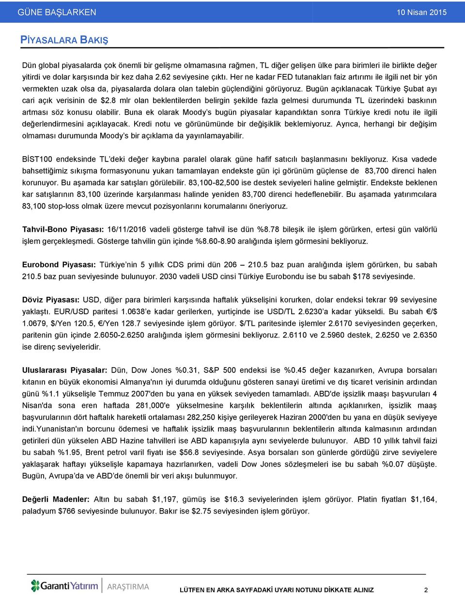 Bugün açıklanacak Türkiye Şubat ayı cari açık verisinin de $2.8 mlr olan beklentilerden belirgin şekilde fazla gelmesi durumunda TL üzerindeki baskının artması söz konusu olabilir.