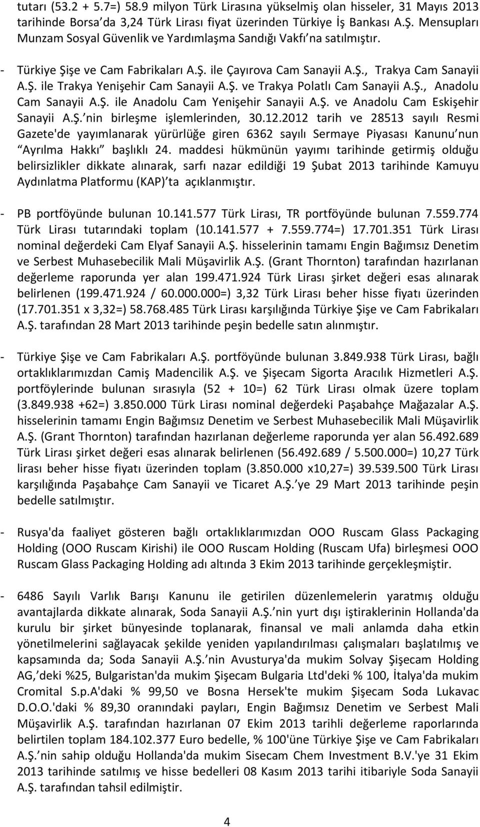 Ş. ve Trakya Polatlı Cam Sanayii A.Ş., Anadolu Cam Sanayii A.Ş. ile Anadolu Cam Yenişehir Sanayii A.Ş. ve Anadolu Cam Eskişehir Sanayii A.Ş. nin birleşme işlemlerinden, 30.12.