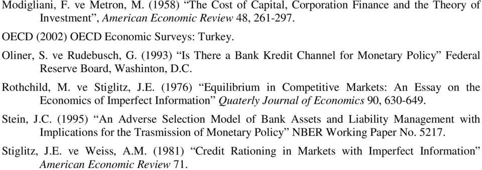 (1976) Equilibrium in Competitive Markets: An Essay on the Economics of Imperfect Information Quaterly Journal of Economics 90, 630-649. Stein, J.C. (1995) An Adverse Selection Model of Bank Assets and Liability Management with Implications for the Trasmission of Monetary Policy NBER Working Paper No.