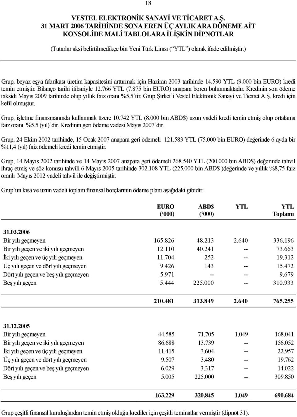 Grup, işletme finansmanında kullanmak üzere 10.742 YTL (8.000 bin ABD$) uzun vadeli kredi temin etmiş olup ortalama faiz oranı %5,5 (yıl) dir. Kredinin geri ödeme vadesi Mayıs 2007 dir.