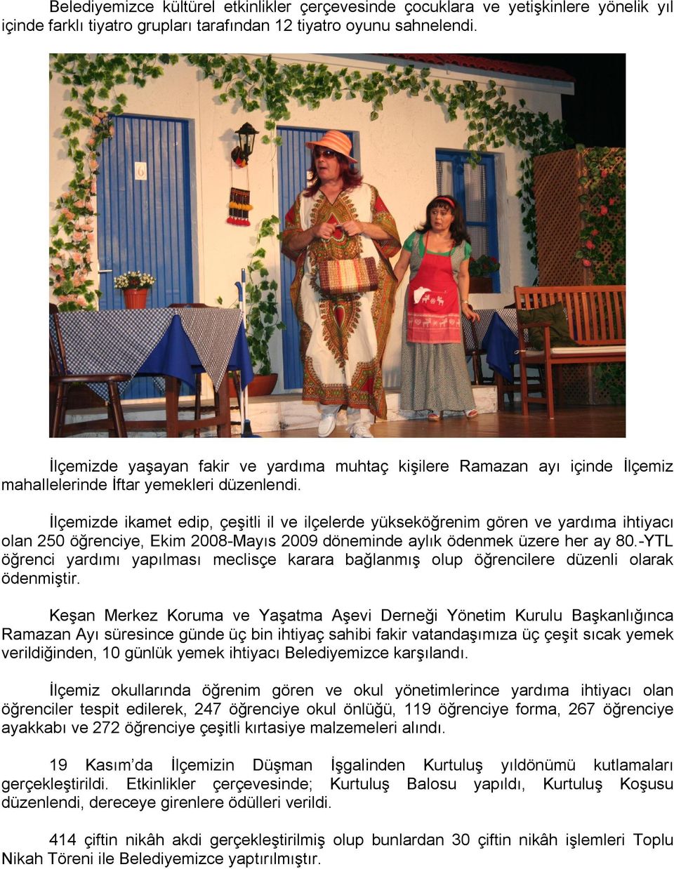 İlçemizde ikamet edip, çeşitli il ve ilçelerde yükseköğrenim gören ve yardıma ihtiyacı olan 250 öğrenciye, Ekim 2008-Mayıs 2009 döneminde aylık ödenmek üzere her ay 80.