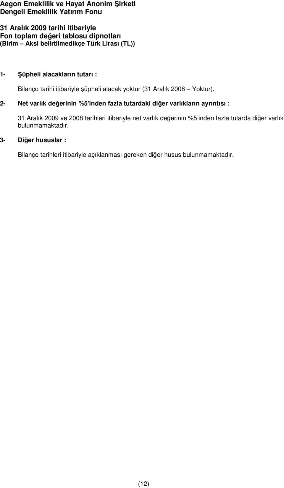 2- Net varlık değerinin %5'inden fazla tutardaki diğer varlıkların ayrıntısı : 31 Aralık 2009 ve 2008 tarihleri itibariyle net