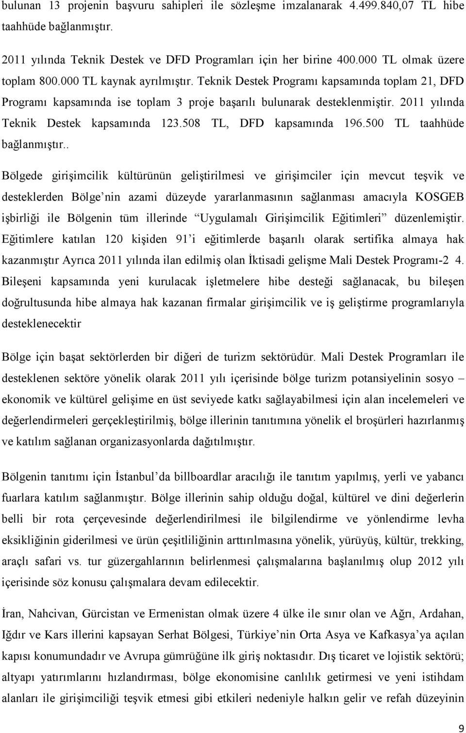 2011 yılında Teknik Destek kapsamında 123.508 TL, DFD kapsamında 196.500 TL taahhüde bağlanmıştır.