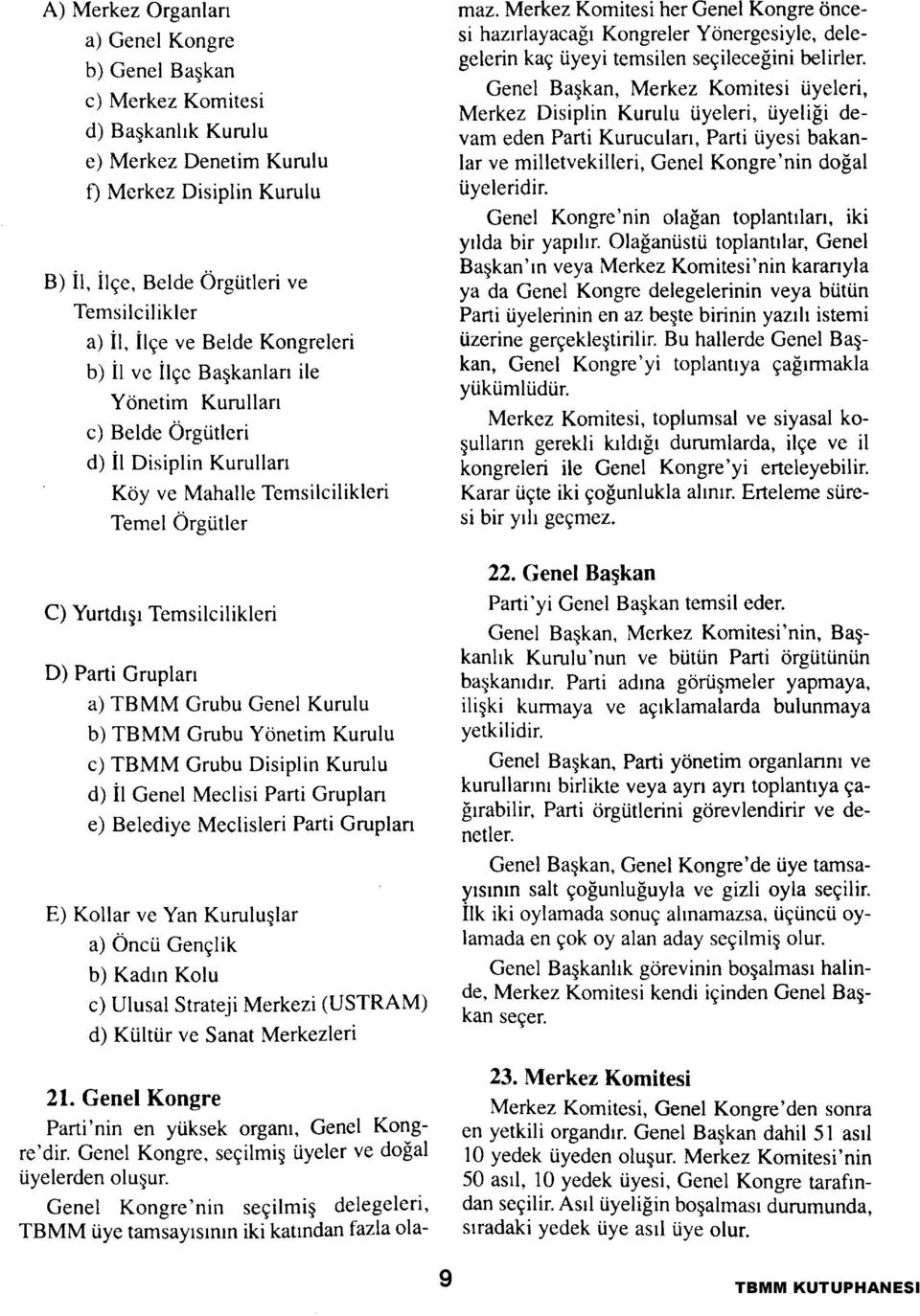 Grupları a) TBMM Grubu Genel Kurulu b) TBMM Grubu Yönetim Kurulu c) TBMM Grubu Disiplin Kurulu d) İl Genel Meclisi Parti Grupları e) Belediye Meclisleri Parti Grupları E) Kollar ve Yan Kuruluşlar a)