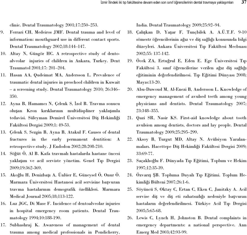 A retrospective study of dentoalveolar injuries of children in Ankara, Turkey. Dent Traumatol 2001;17: 201 204. 11. Hasan AA, Qudeimat MA, Andersson L.