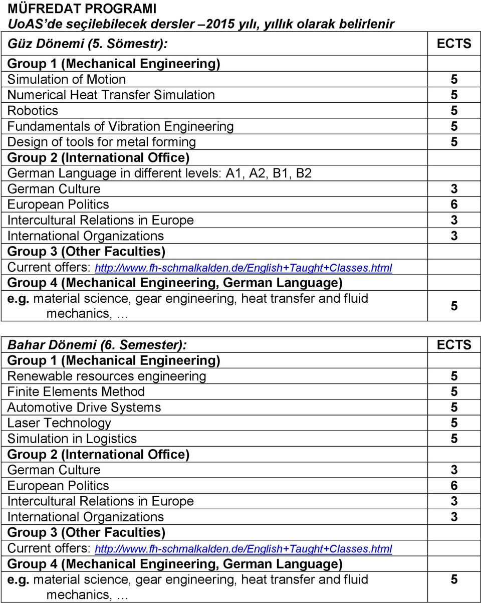 Group 2 (International Office) German Language in different levels: A1, A2, B1, B2 German Culture 3 European Politics 6 Intercultural Relations in Europe 3 International Organizations 3 Group 3