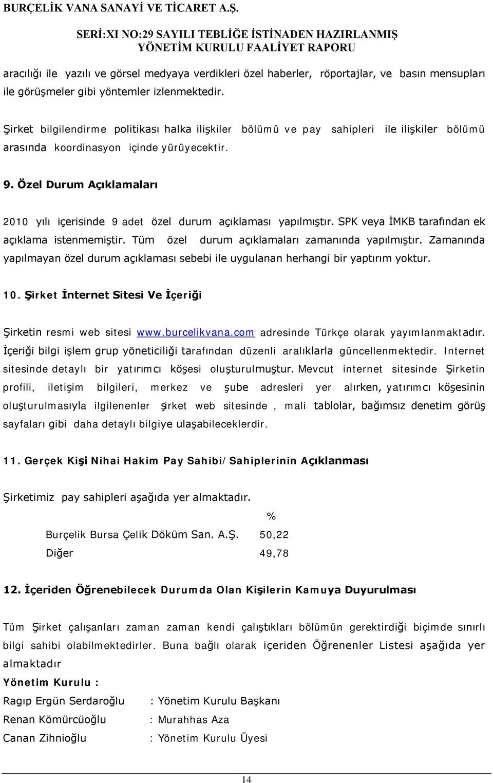 Özel Durum Açıklamaları 2010 yılı içerisinde 9 adet özel durum açıklaması yapılmıştır. SPK veya İMKB tarafından ek açıklama istenmemiştir. Tüm özel durum açıklamaları zamanında yapılmıştır.