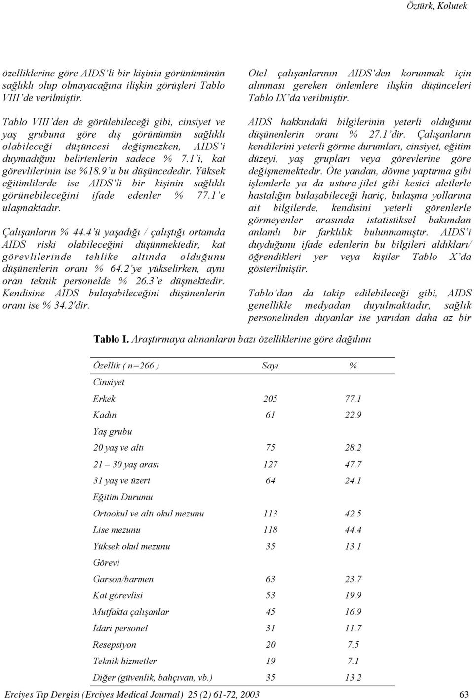 1 i, kat görevlilerinin ise %18.9 u bu düşüncededir. Yüksek eğitimlilerde ise AIDS li bir kişinin sağlıklı görünebileceğini ifade edenler % 77.1 e ulaşmaktadır. Çalışanların % 44.