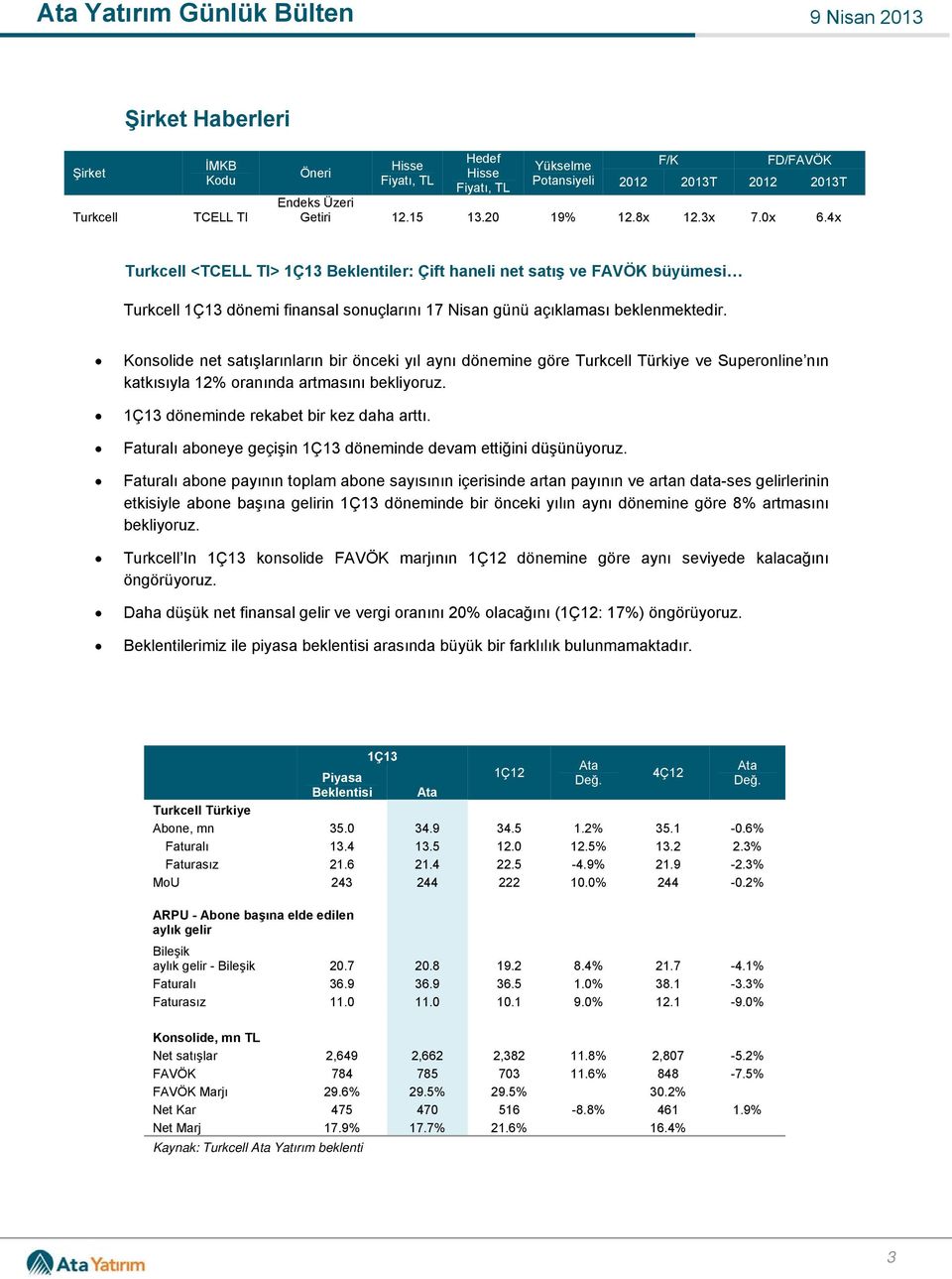 Konsolide net satışlarınların bir önceki yıl aynı dönemine göre Turkcell Türkiye ve Superonline nın katkısıyla 12% oranında artmasını bekliyoruz. 1Ç13 döneminde rekabet bir kez daha arttı.