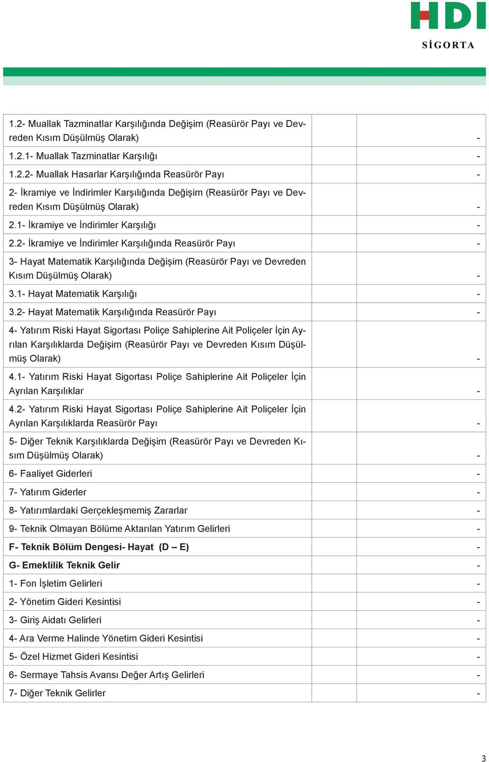 2 Hayat Matematik Karşılığında Reasürör Payı 4 Yatırım Riski Hayat Sigortası Poliçe Sahiplerine Ait Poliçeler İçin Ayrılan Karşılıklarda Değişim (Reasürör Payı ve Devreden Kısım Düşülmüş Olarak) 4.