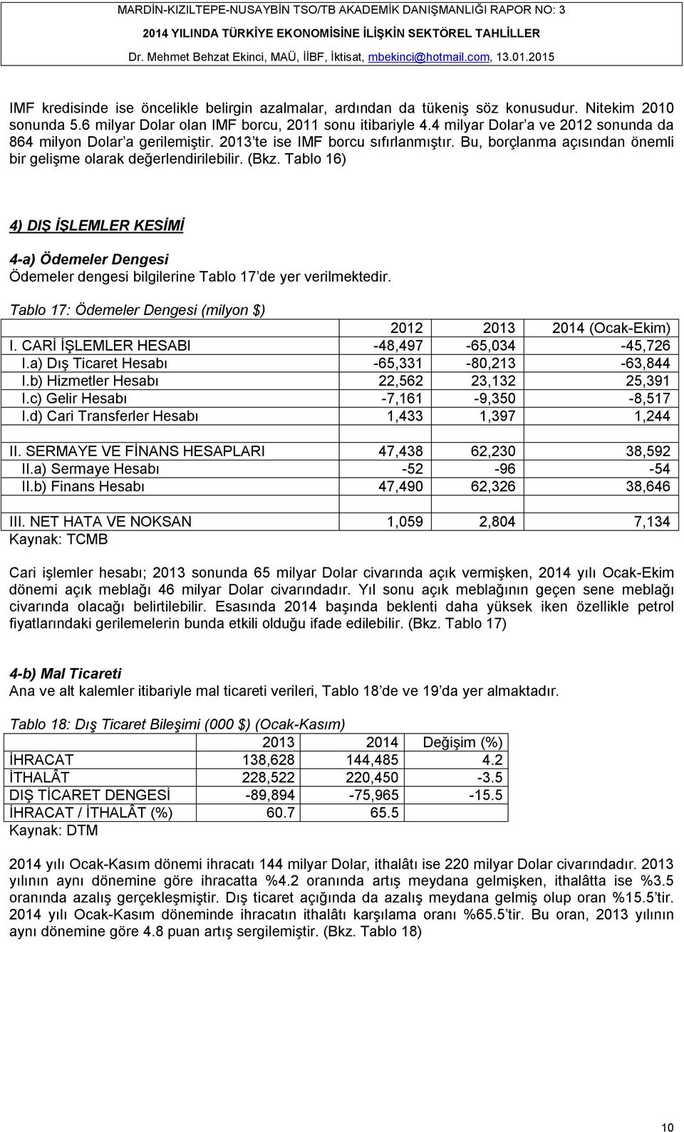 Tablo 16) 4) DIŞ İŞLEMLER KESİMİ 4-a) Ödemeler Dengesi Ödemeler dengesi bilgilerine Tablo 17 de yer verilmektedir. Tablo 17: Ödemeler Dengesi (milyon $) 2012 2013 2014 (Ocak-Ekim) I.