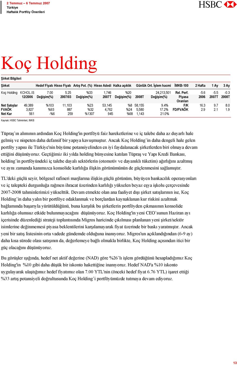 0% Kaynak: HSBC Tahminleri, IMKB Tüpraş ın alımının ardından Koç Holding'in portföyü faiz hareketlerine ve iç talebe daha az duyarlı hale gelmiş ve nispeten daha defansif bir yapıya kavuşmuştur.