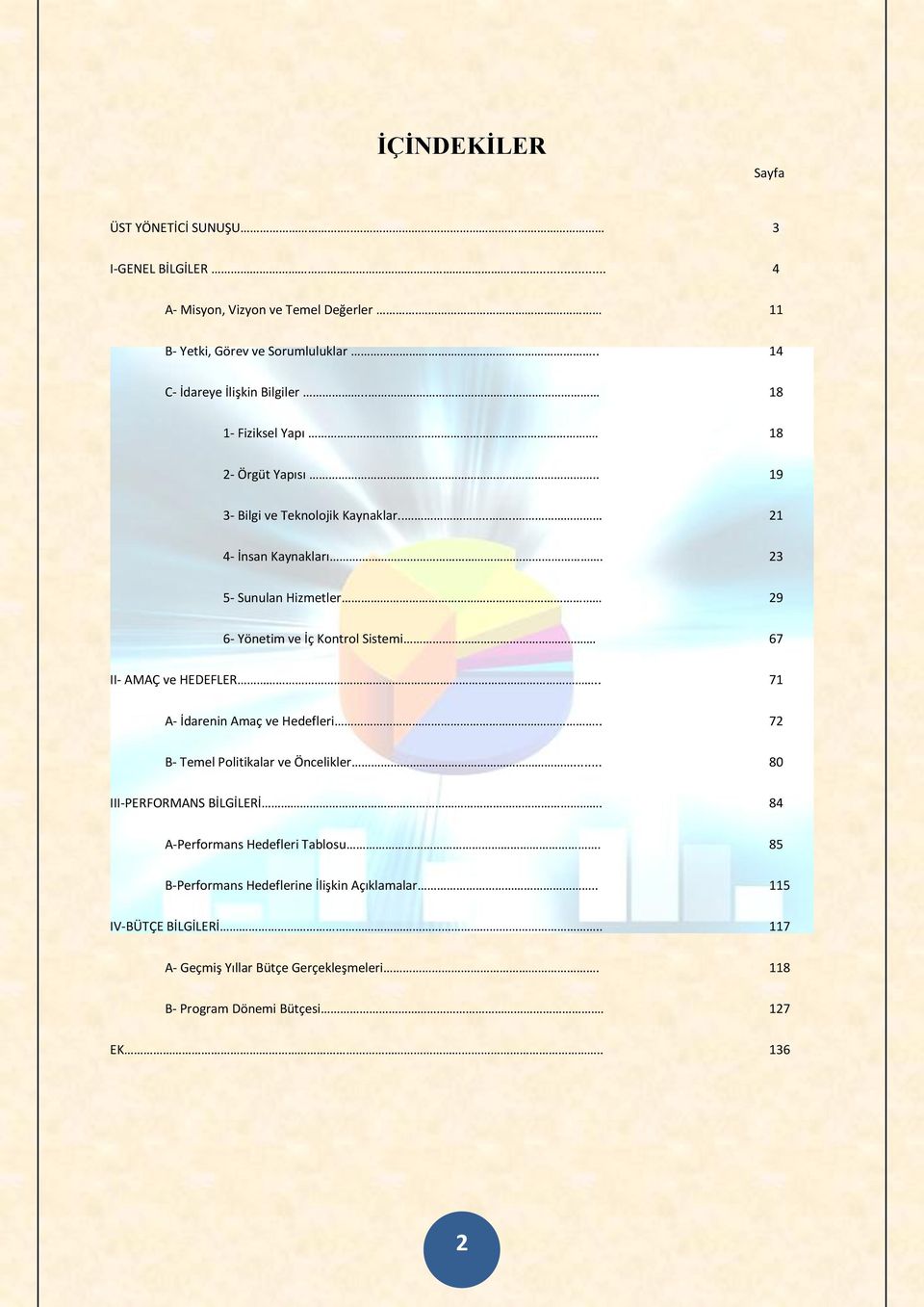 23 5- Sunulan Hizmetler 29 6- Yönetim ve İç Kontrol Sistemi 67 II- AMAÇ ve HEDEFLER.. 71 A- İdarenin Amaç ve Hedefleri.. 72 B- Temel Politikalar ve Öncelikler.