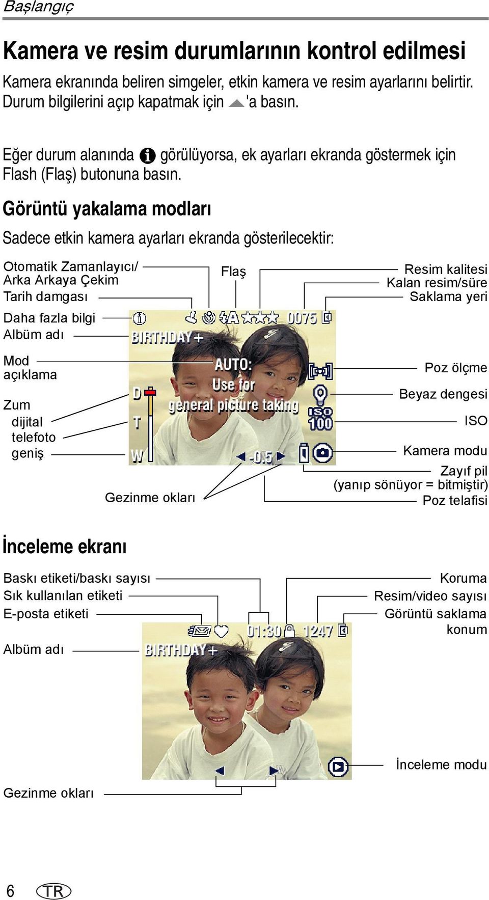 Görüntü yakalama modları Sadece etkin kamera ayarları ekranda gösterilecektir: Otomatik Zamanlayıcı/ Flaş Resim kalitesi Arka Arkaya Çekim Kalan resim/süre Tarih damgası Saklama yeri Daha fazla bilgi