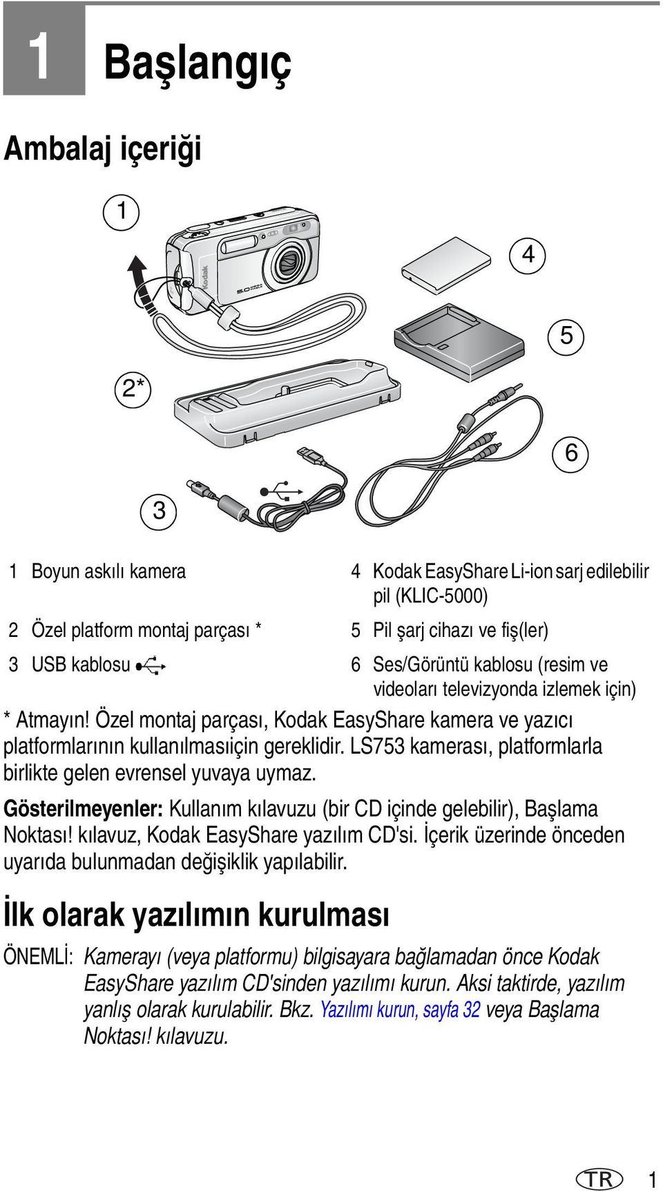 LS753 kamerası, platformlarla birlikte gelen evrensel yuvaya uymaz. Gösterilmeyenler: Kullanım kılavuzu (bir CD içinde gelebilir), Başlama Noktası! kılavuz, Kodak EasyShare yazılım CD'si.