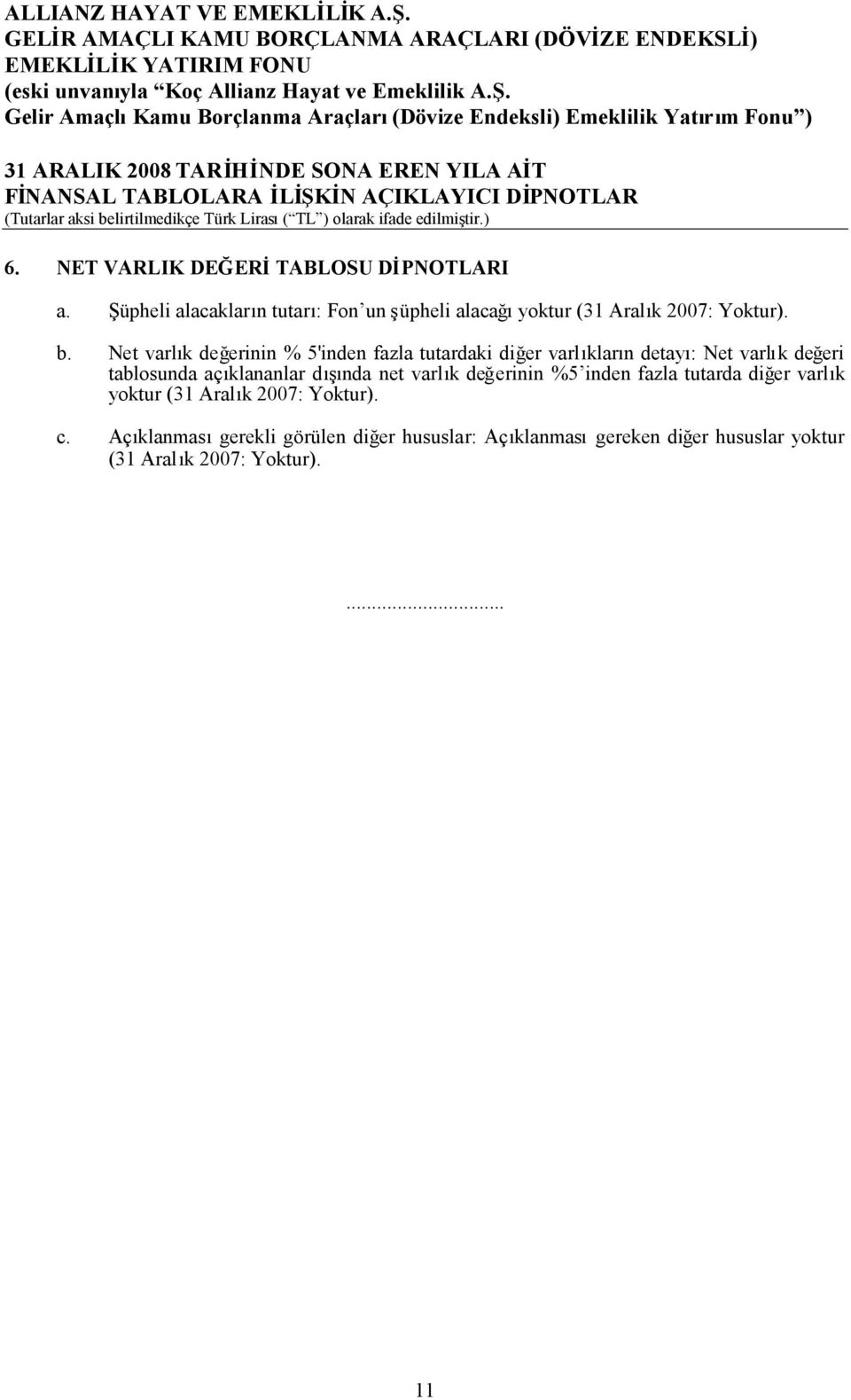 Net varlık değerinin % 5'inden fazla tutardaki diğer varlıkların detayı: Net varlık değeri tablosunda açıklananlar dışında net varlık