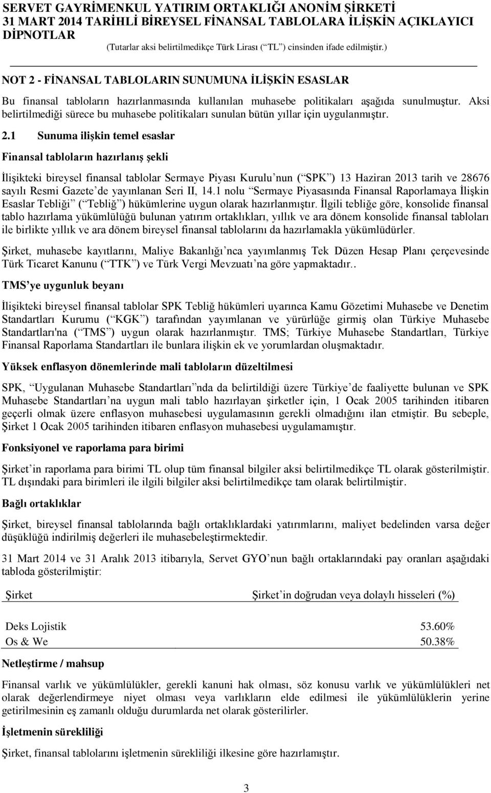 1 Sunuma iliģkin temel esaslar Finansal tabloların hazırlanıģ Ģekli İlişikteki bireysel finansal tablolar Sermaye Piyası Kurulu nun ( SPK ) 13 Haziran 2013 tarih ve 28676 sayılı Resmi Gazete de