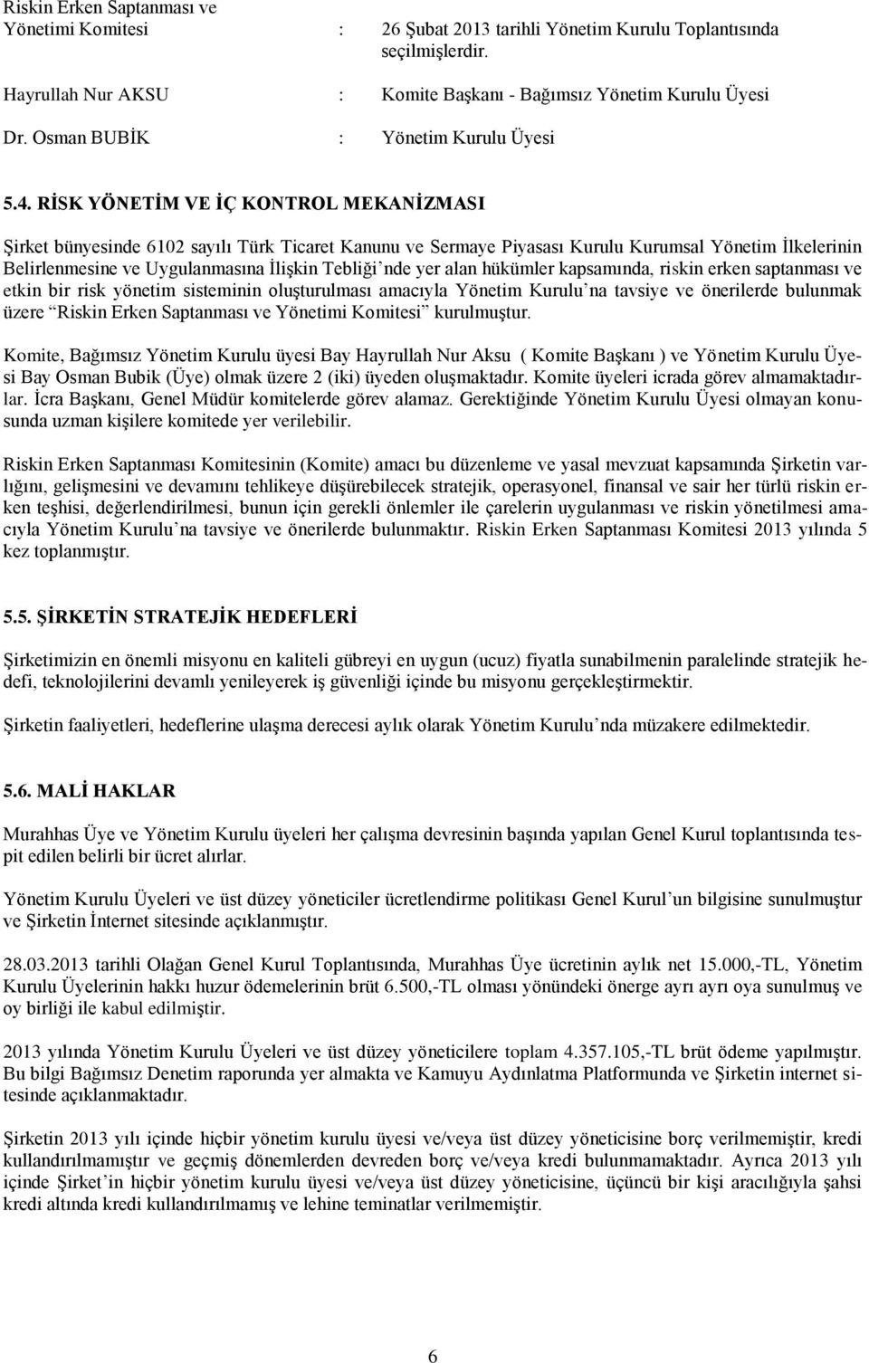 RİSK YÖNETİM VE İÇ KONTROL MEKANİZMASI Şirket bünyesinde 6102 sayılı Türk Ticaret Kanunu ve Sermaye Piyasası Kurulu Kurumsal Yönetim İlkelerinin Belirlenmesine ve Uygulanmasına İlişkin Tebliği nde