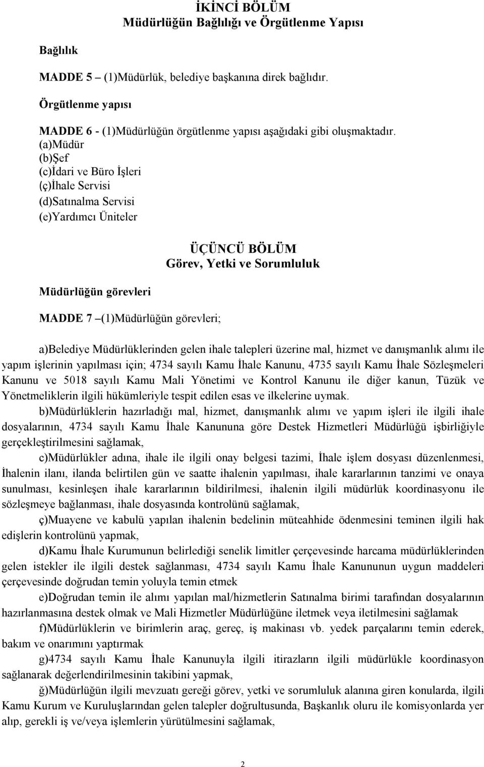 (a)müdür (b)şef (c)idari ve Büro İşleri (ç)ihale Servisi (d)satınalma Servisi (e)yardımcı Üniteler Müdürlüğün görevleri MADDE 7 (1)Müdürlüğün görevleri; ÜÇÜNCÜ BÖLÜM Görev, Yetki ve Sorumluluk