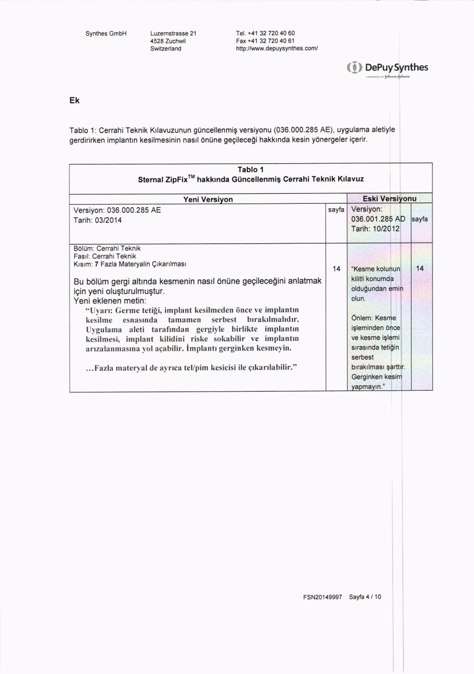 Tablo 1 Stemal ZipFixru hakkrnda Giincellenmig Cerrahi Teknik Kllavuz Yeni Versiyon Eski Versiyonu Versiyon: 036.000.285 AE Tarih: 03/2014 sayfa Versiyon: 036.001.