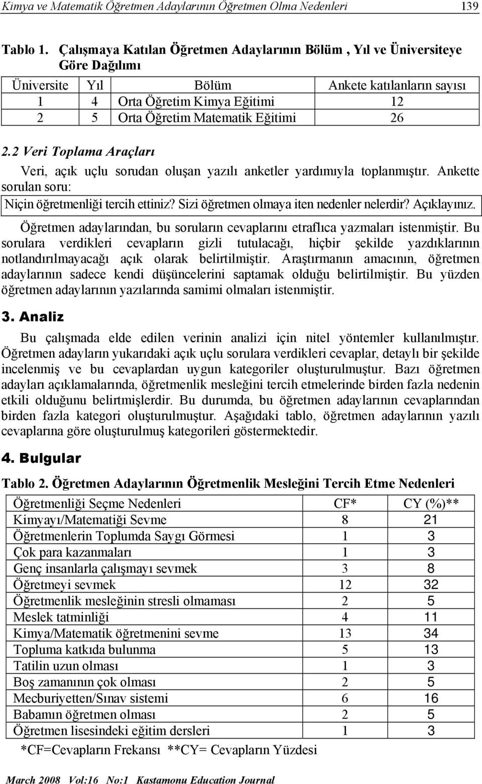 2 Veri Toplama Araçları Veri, açık uçlu sorudan oluşan yazılı anketler yardımıyla toplanmıştır. Ankette sorulan soru: Niçin öğretmenliği tercih ettiniz? Sizi öğretmen olmaya iten nedenler nelerdir?