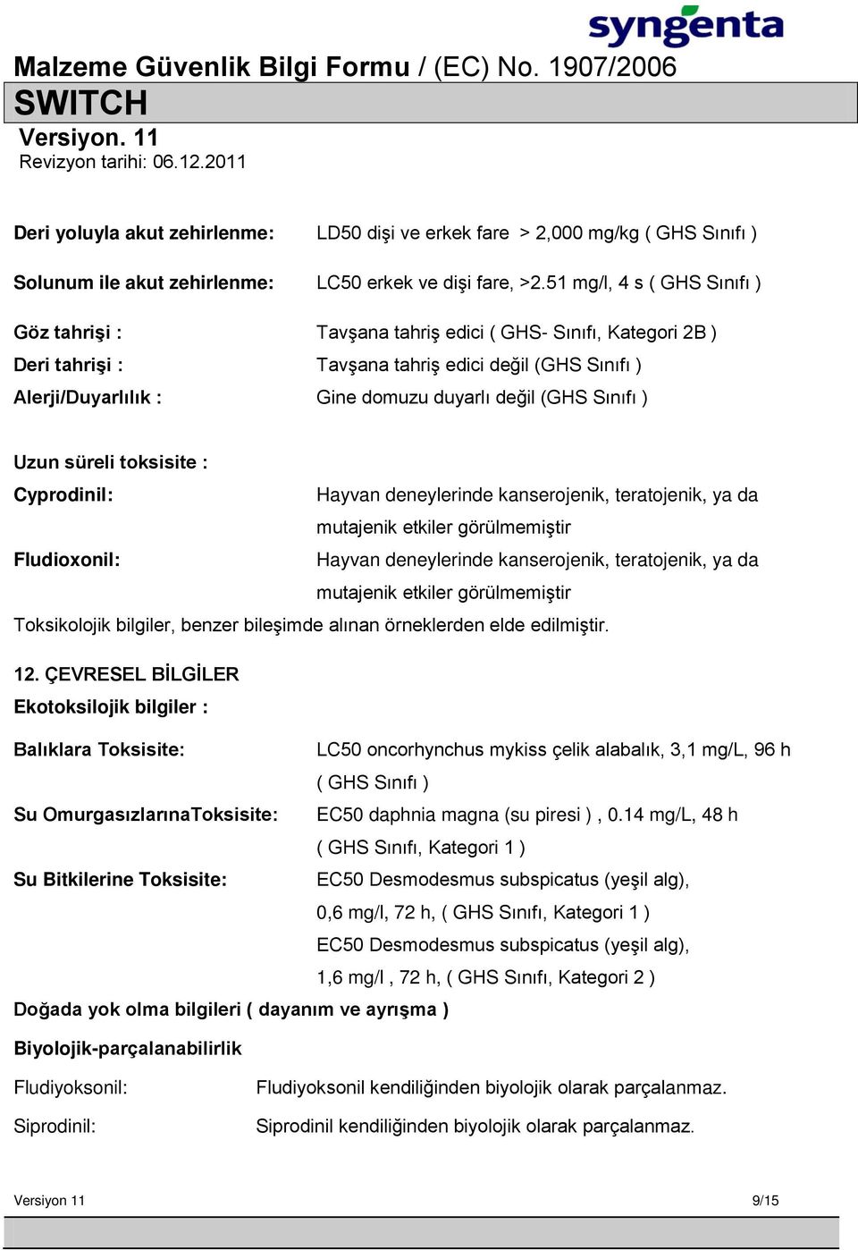 Sınıfı ) Uzun süreli toksisite : Cyprodinil: Hayvan deneylerinde kanserojenik, teratojenik, ya da mutajenik etkiler görülmemiştir Fludioxonil: Hayvan deneylerinde kanserojenik, teratojenik, ya da