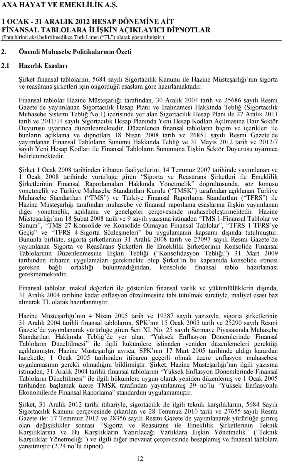 Finansal tablolar Hazine Müsteşarlığı tarafından, 30 Aralık 2004 tarih ve 25686 sayılı Resmi Gazete de yayımlanan Sigortacılık Hesap Planı ve İzahnamesi Hakkında Tebliğ (Sigortacılık Muhasebe Sistemi