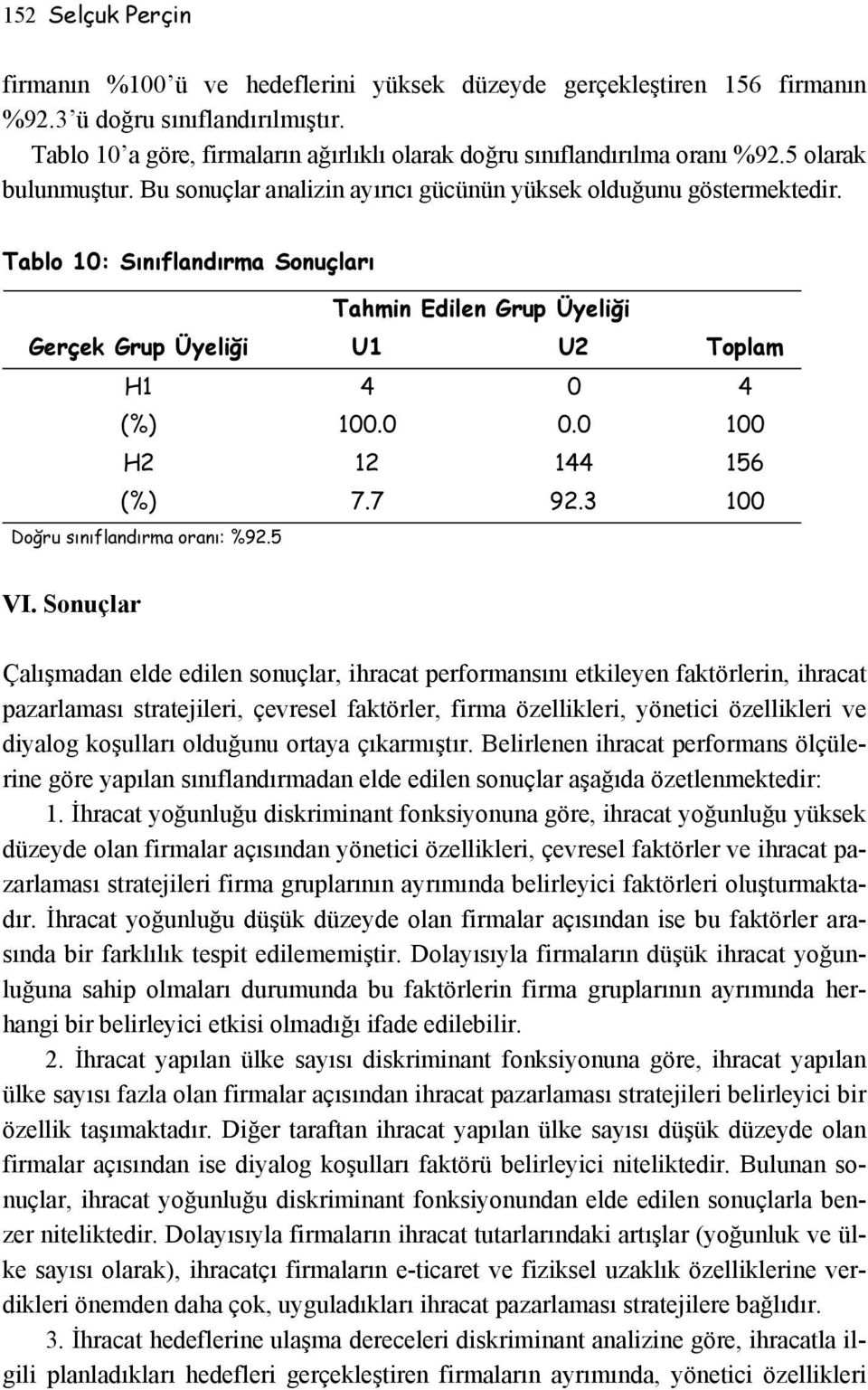 Tablo 10: Sınıflandırma Sonuçları Tahmin Edilen Grup Üyeliği Gerçek Grup Üyeliği U1 U2 Toplam H1 4 0 4 (%) 100.0 0.0 100 H2 12 144 156 (%) 7.7 92.3 100 Doğru sınıflandırma oranı: %92.5 VI.