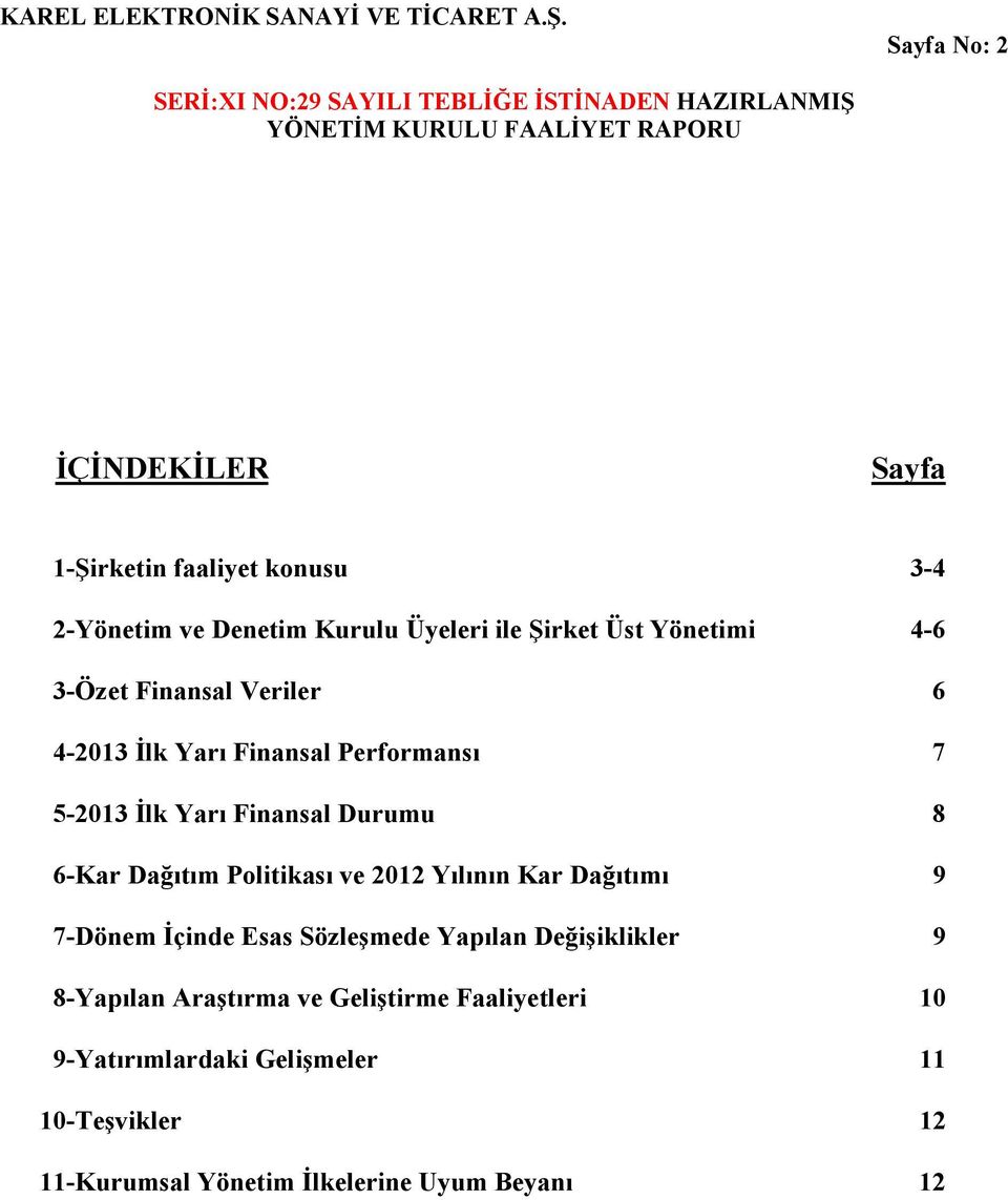 Dağıtım Politikası ve 2012 Yılının Kar Dağıtımı 9 7-Dönem Đçinde Esas Sözleşmede Yapılan Değişiklikler 9 8-Yapılan