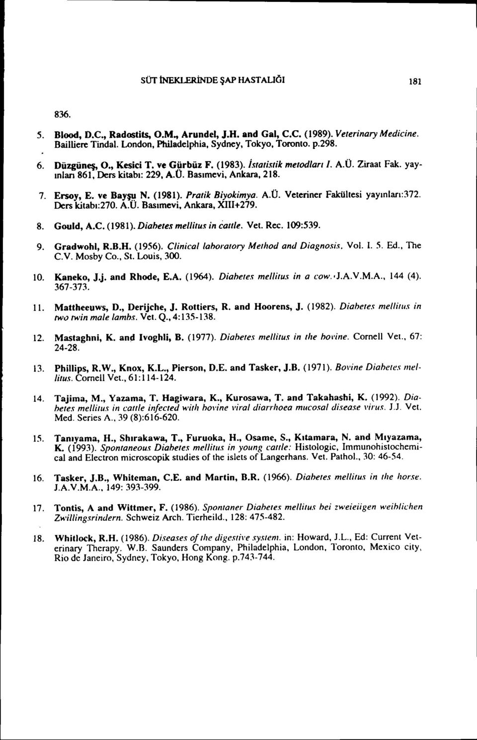 Ders ktabı:270. A.U. Basımev, Ankara, XILI+279. 8. Gould, A.C. (1981). Dahetes melltus n ca((le. Vel. Rec. 109:539. 9. Gradwohl, R.B.H. (1956). Clncallahol'a/ory Me/hod and Dagnoss. Vol.. 5. Ed.