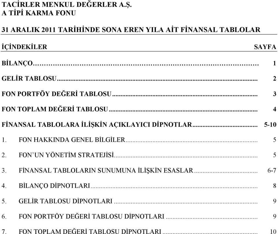 FON HAKKINDA GENEL BİLGİLER... 5 2. FON UN YÖNETİM STRATEJİSİ... 5 3. FİNANSAL TABLOLARIN SUNUMUNA İLİŞKİN ESASLAR... 6-7 4.