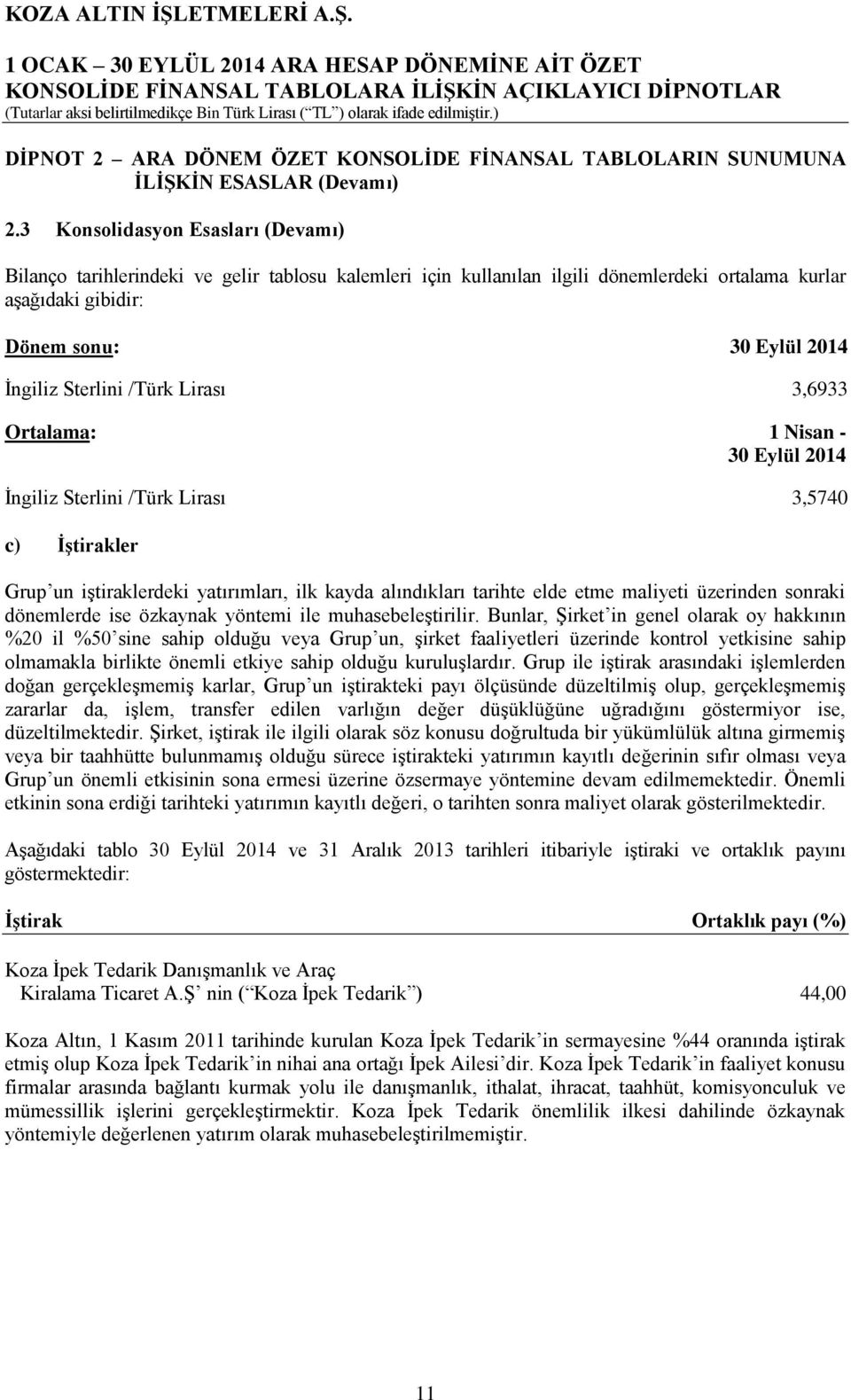 /Türk Lirası 3,6933 Ortalama: 1 Nisan - 30 Eylül 2014 İngiliz Sterlini /Türk Lirası 3,5740 c) İştirakler Grup un iştiraklerdeki yatırımları, ilk kayda alındıkları tarihte elde etme maliyeti üzerinden