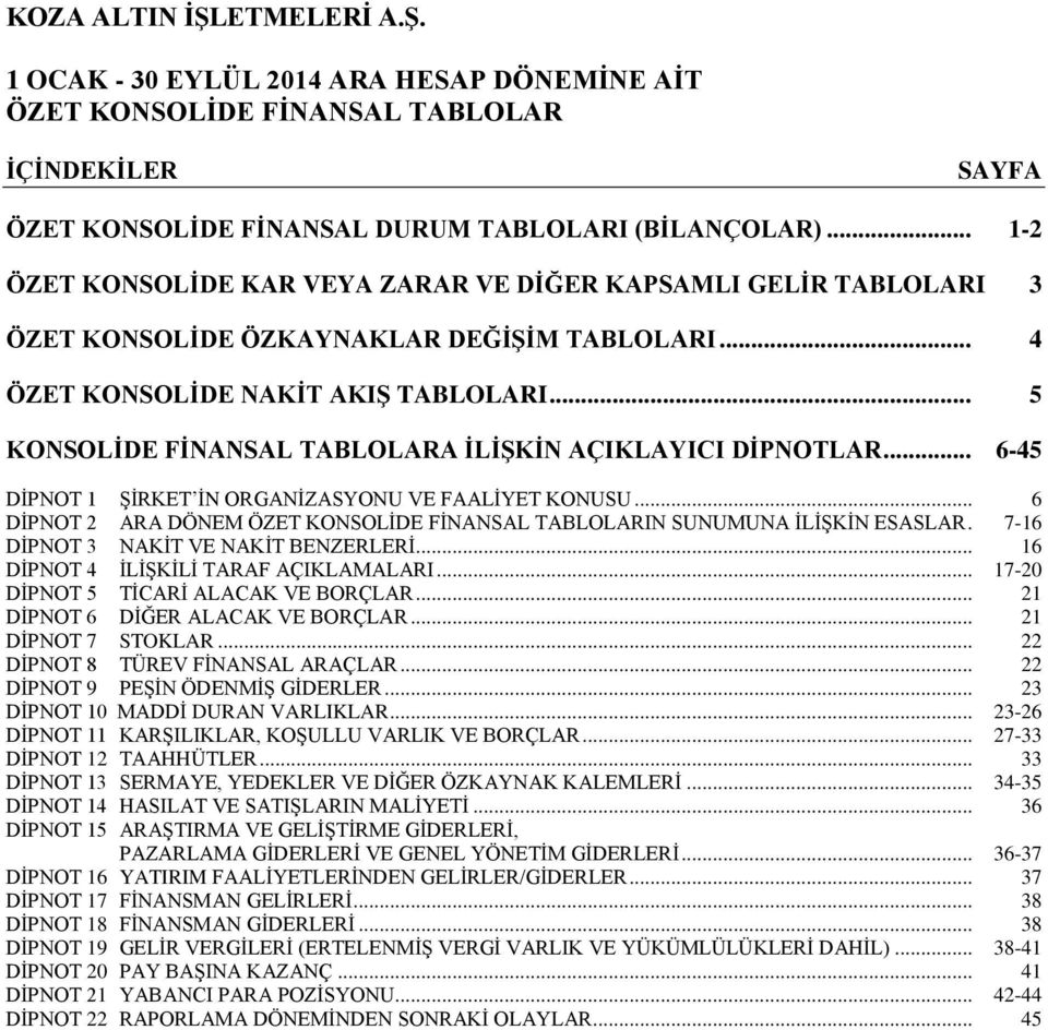 .. 6-45 DİPNOT 1 ŞİRKET İN ORGANİZASYONU VE FAALİYET KONUSU... 6 DİPNOT 2 ARA DÖNEM ÖZET KONSOLİDE FİNANSAL TABLOLARIN SUNUMUNA İLİŞKİN ESASLAR. 7-16 DİPNOT 3 NAKİT VE NAKİT BENZERLERİ.