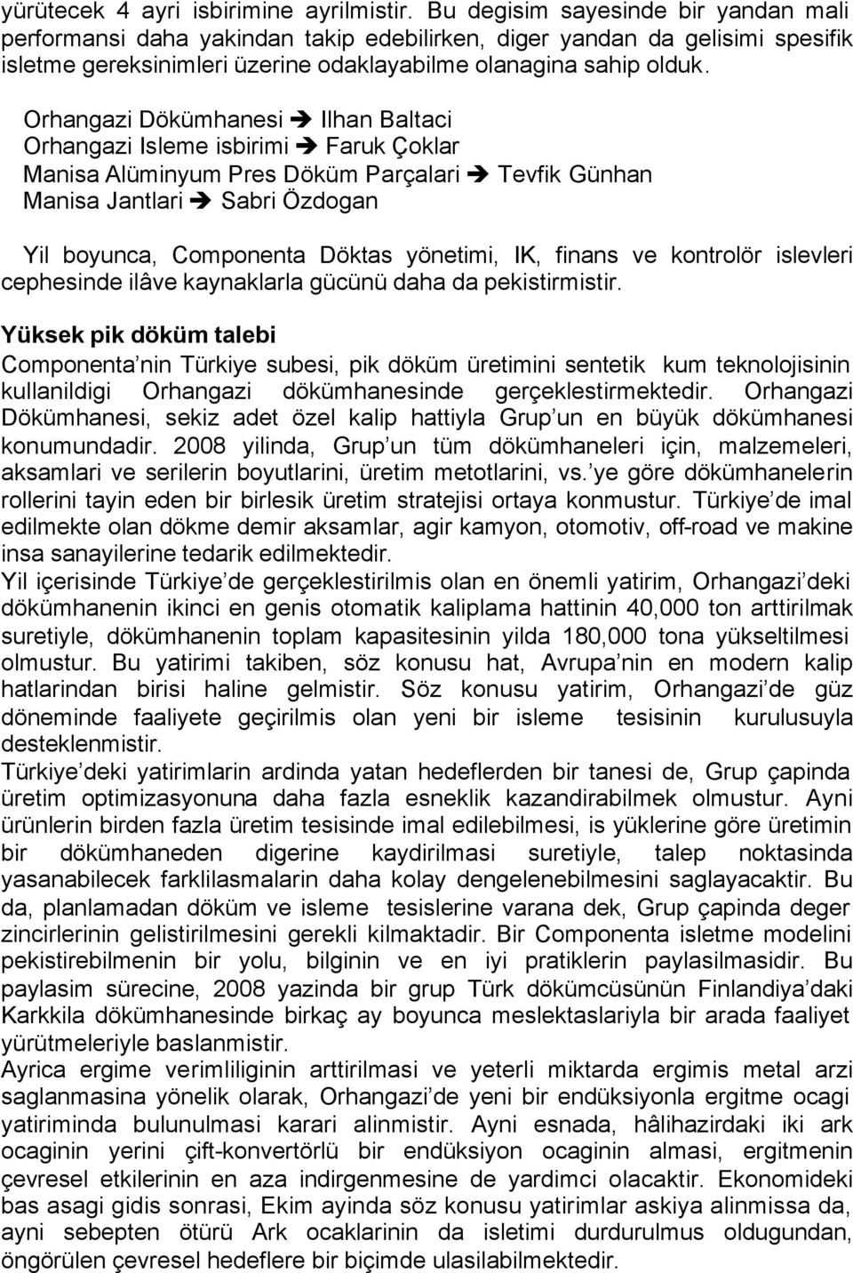 Orhangazi Dökümhanesi Ilhan Baltaci Orhangazi Isleme isbirimi Faruk Çoklar Manisa Alüminyum Pres Döküm Parçalari Tevfik Günhan Manisa Jantlari Sabri Özdogan Yil boyunca, Componenta Döktas yönetimi,