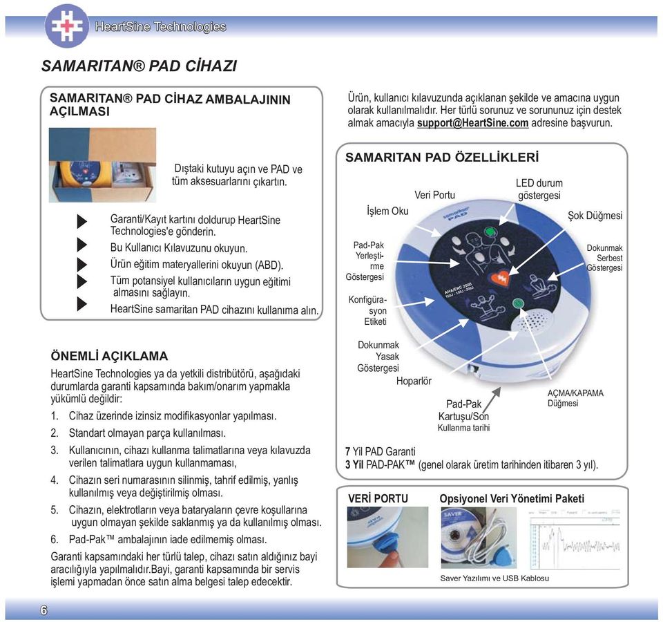 Garanti/Kayıt kartını doldurup HeartSine Technologies'e gönderin. Bu Kullanıcı Kılavuzunu okuyun. Ürün eğitim materyallerini okuyun (ABD).