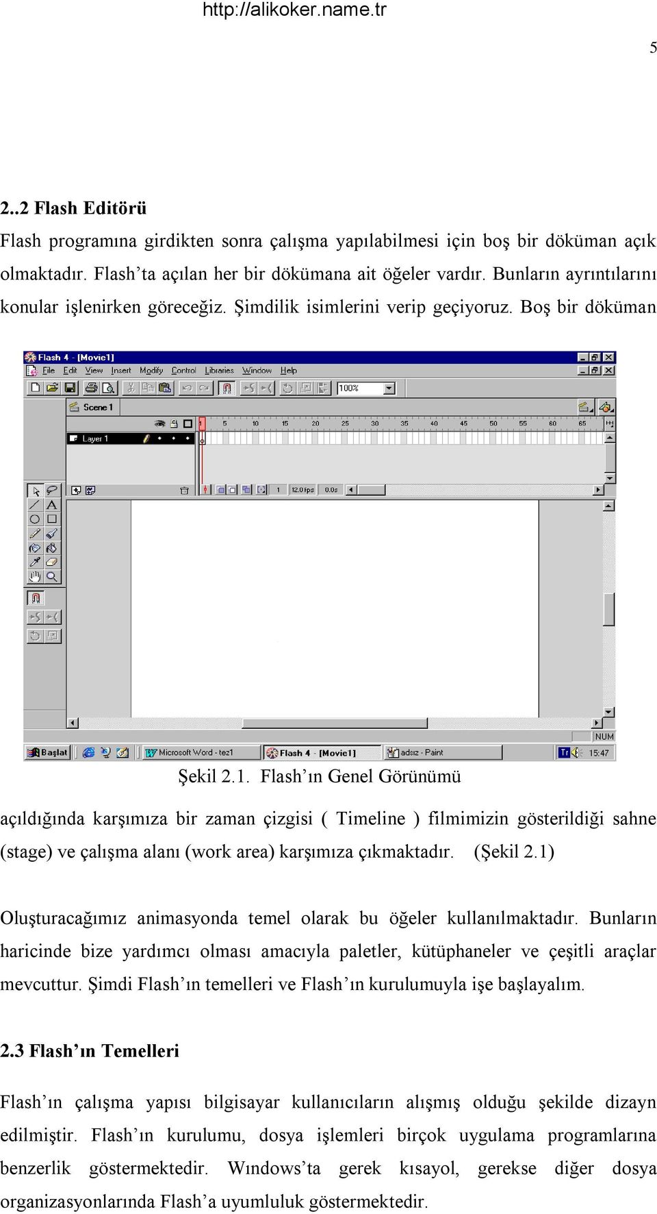 Flash ın Genel Görünümü açıldığında karşımıza bir zaman çizgisi ( Timeline ) filmimizin gösterildiği sahne (stage) ve çalışma alanı (work area) karşımıza çıkmaktadır. (Şekil 2.