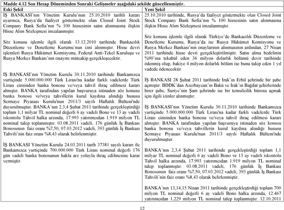 Söz konusu iģlemle ilgili olarak 13.12.2010 tarihinde Bankacılık Düzenleme ve Denetleme Kurumu nun izni alınmıģtır.